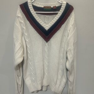 Oakton Men's V-Neck Sweater in cream with Navy and Red Trim 0183